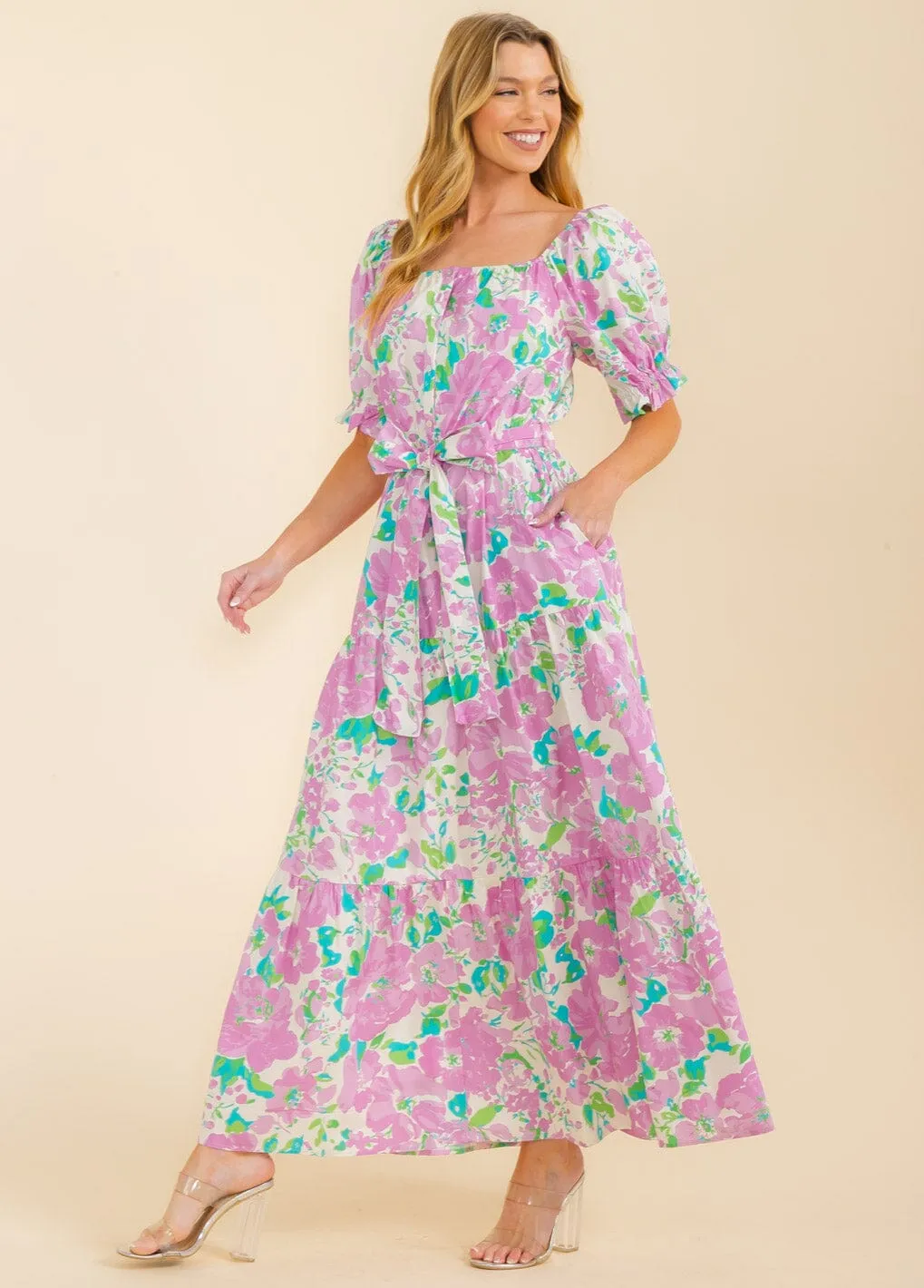 WOMEN'S SHORT SLEEVE SQUARE NECK FRONT POCKETS MULTI PRINT MAXI DRESS
