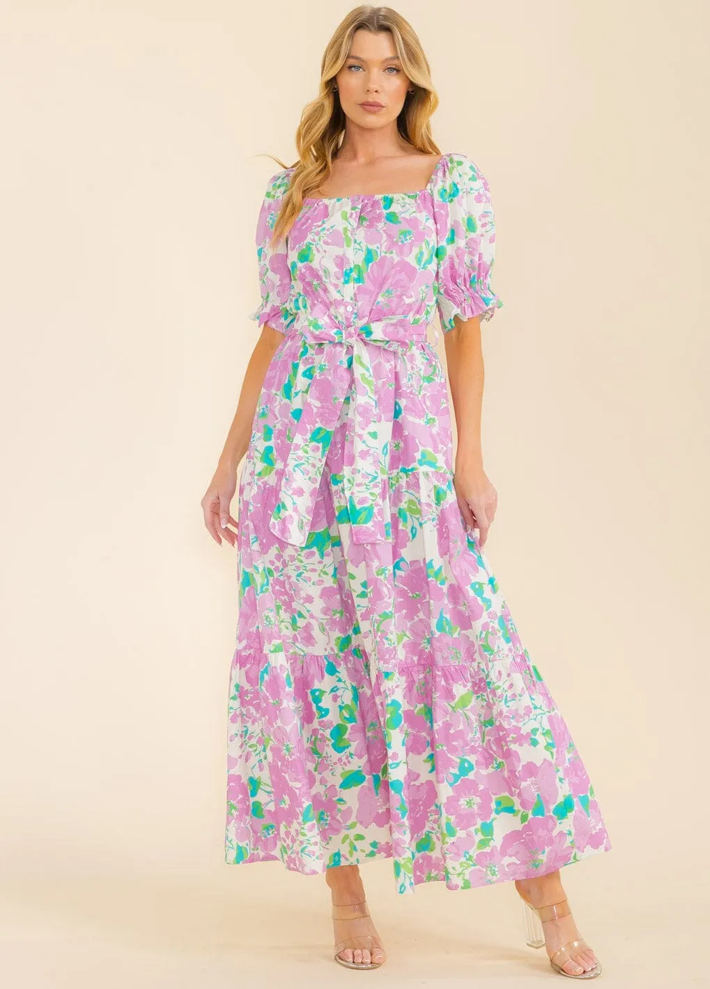 WOMEN'S SHORT SLEEVE SQUARE NECK FRONT POCKETS MULTI PRINT MAXI DRESS