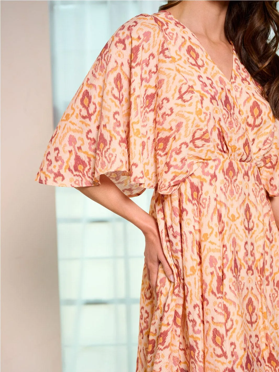 WOMEN'S SHORT SLEEVE SURPLICE MULTI PRINT MINI DRESS