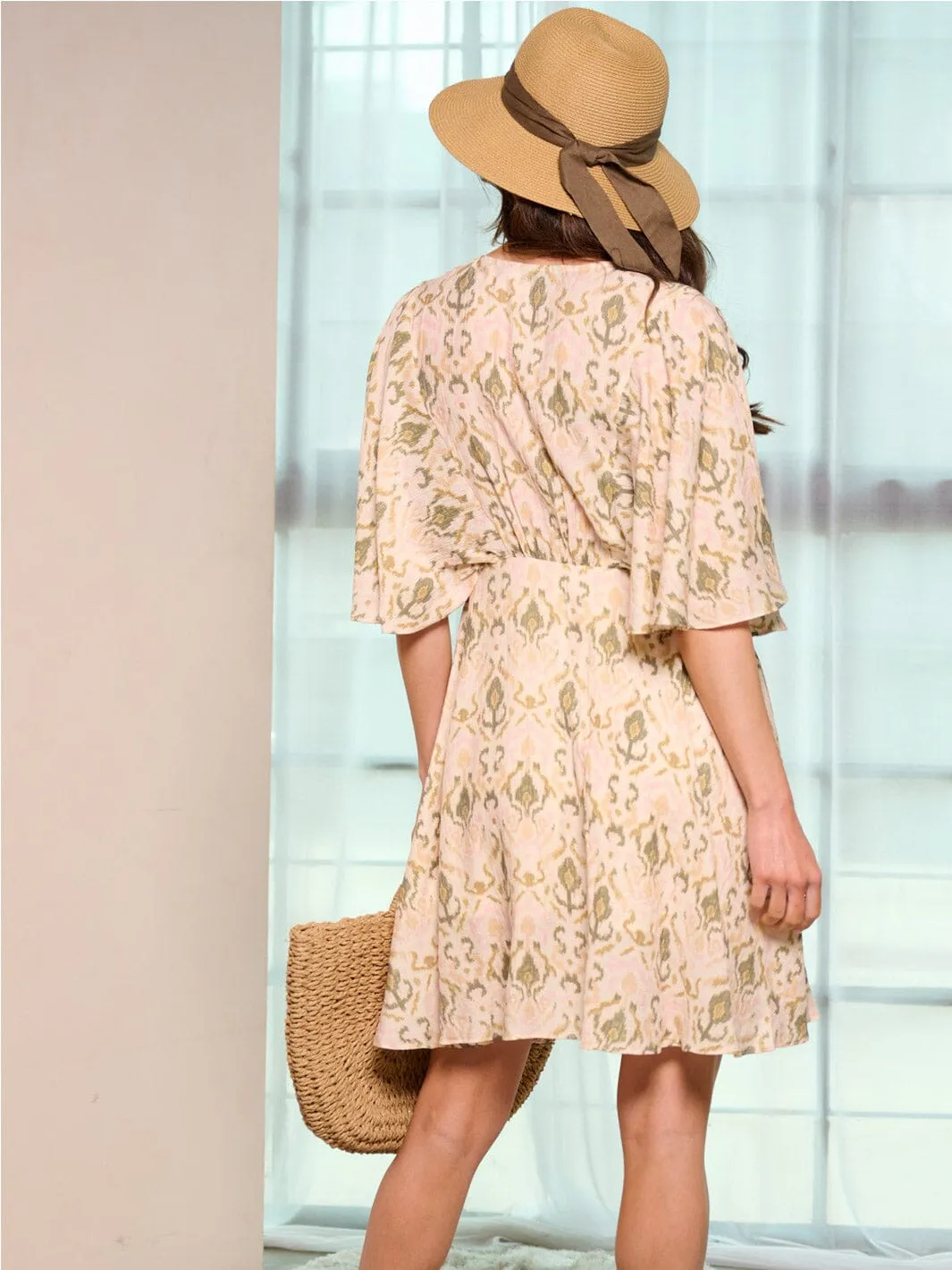 WOMEN'S SHORT SLEEVE SURPLICE MULTI PRINT MINI DRESS