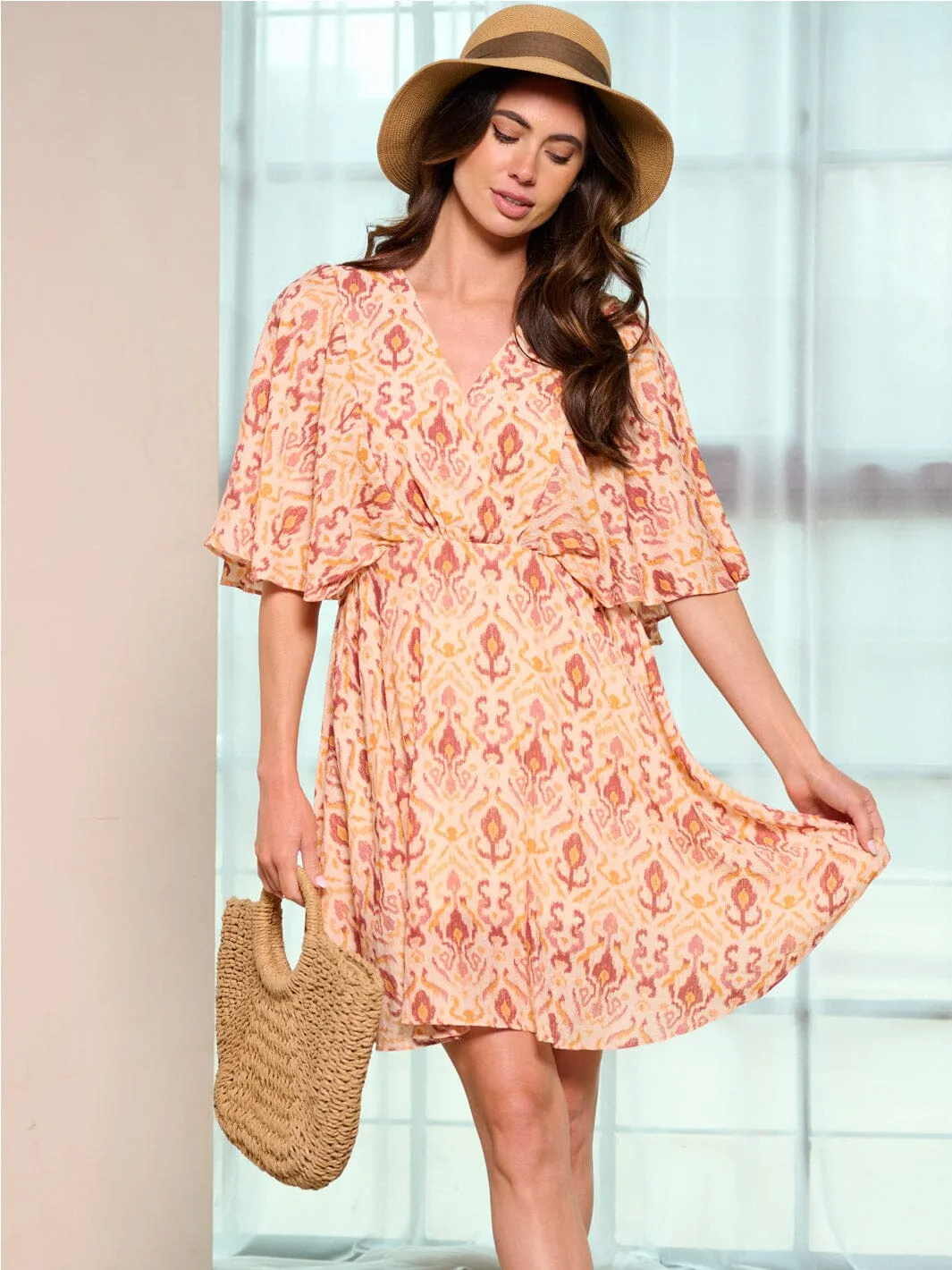 WOMEN'S SHORT SLEEVE SURPLICE MULTI PRINT MINI DRESS