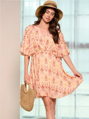 WOMEN'S SHORT SLEEVE SURPLICE MULTI PRINT MINI DRESS