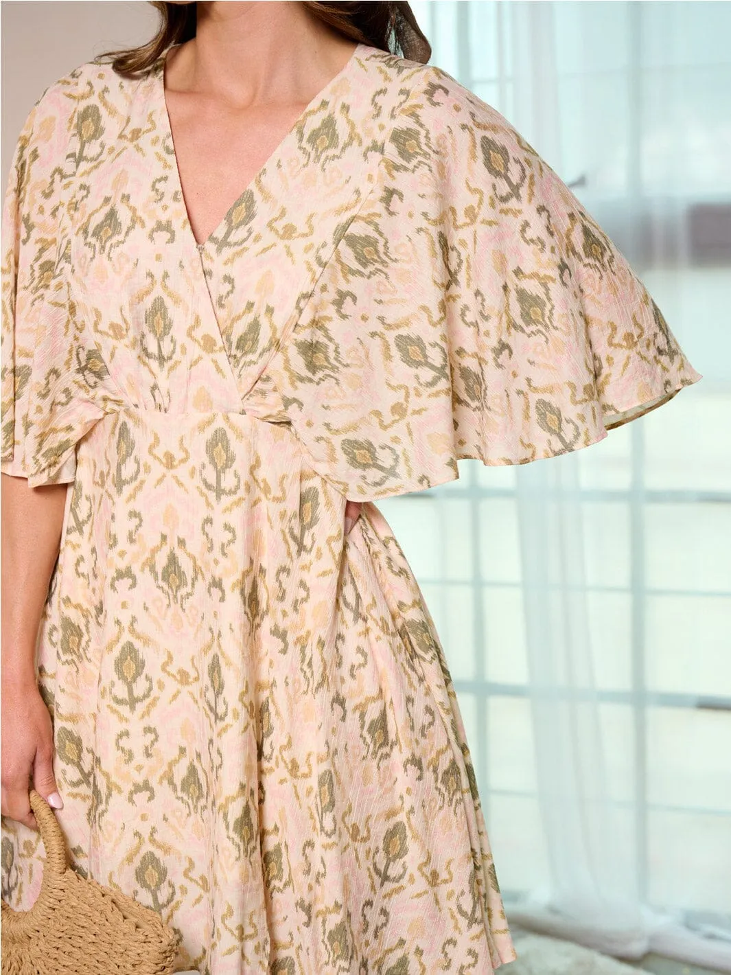 WOMEN'S SHORT SLEEVE SURPLICE MULTI PRINT MINI DRESS