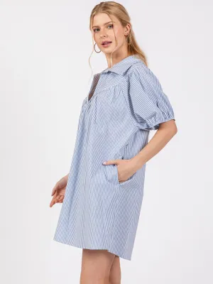 WOMEN'S SHORT SLEEVE V-NECK FRONT POCKETS STRIPES TUNIC MINI DRESS