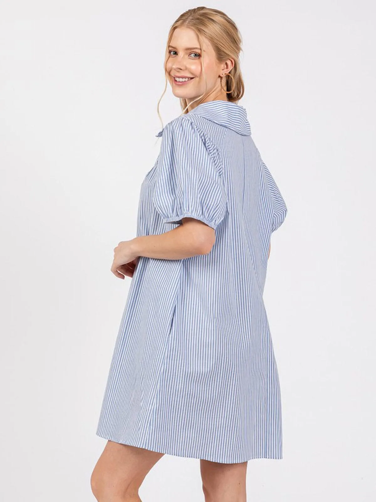 WOMEN'S SHORT SLEEVE V-NECK FRONT POCKETS STRIPES TUNIC MINI DRESS