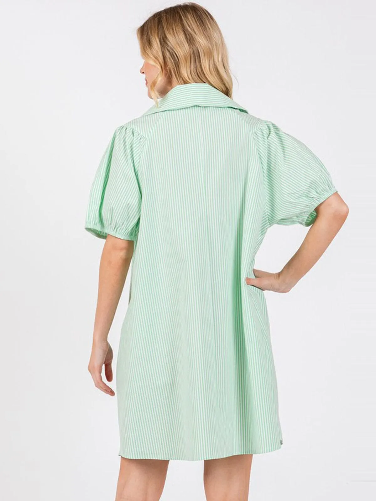 WOMEN'S SHORT SLEEVE V-NECK FRONT POCKETS STRIPES TUNIC MINI DRESS