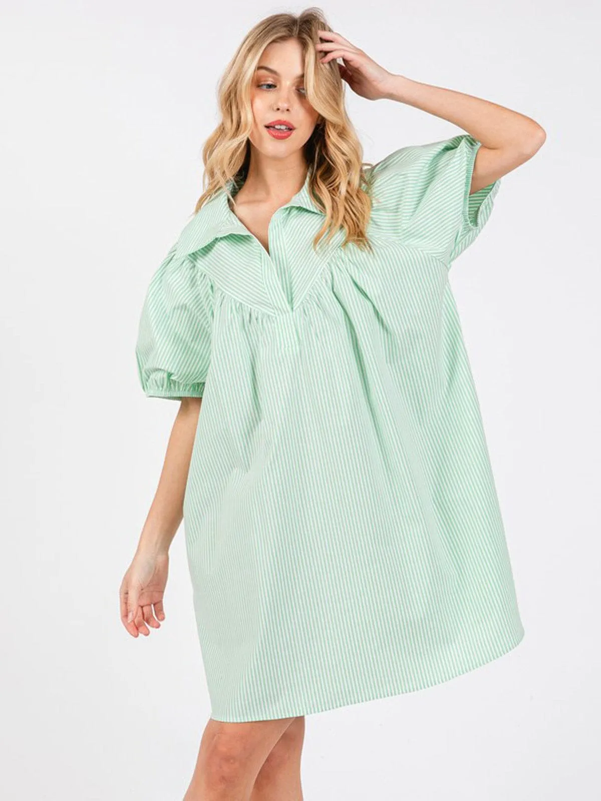 WOMEN'S SHORT SLEEVE V-NECK FRONT POCKETS STRIPES TUNIC MINI DRESS