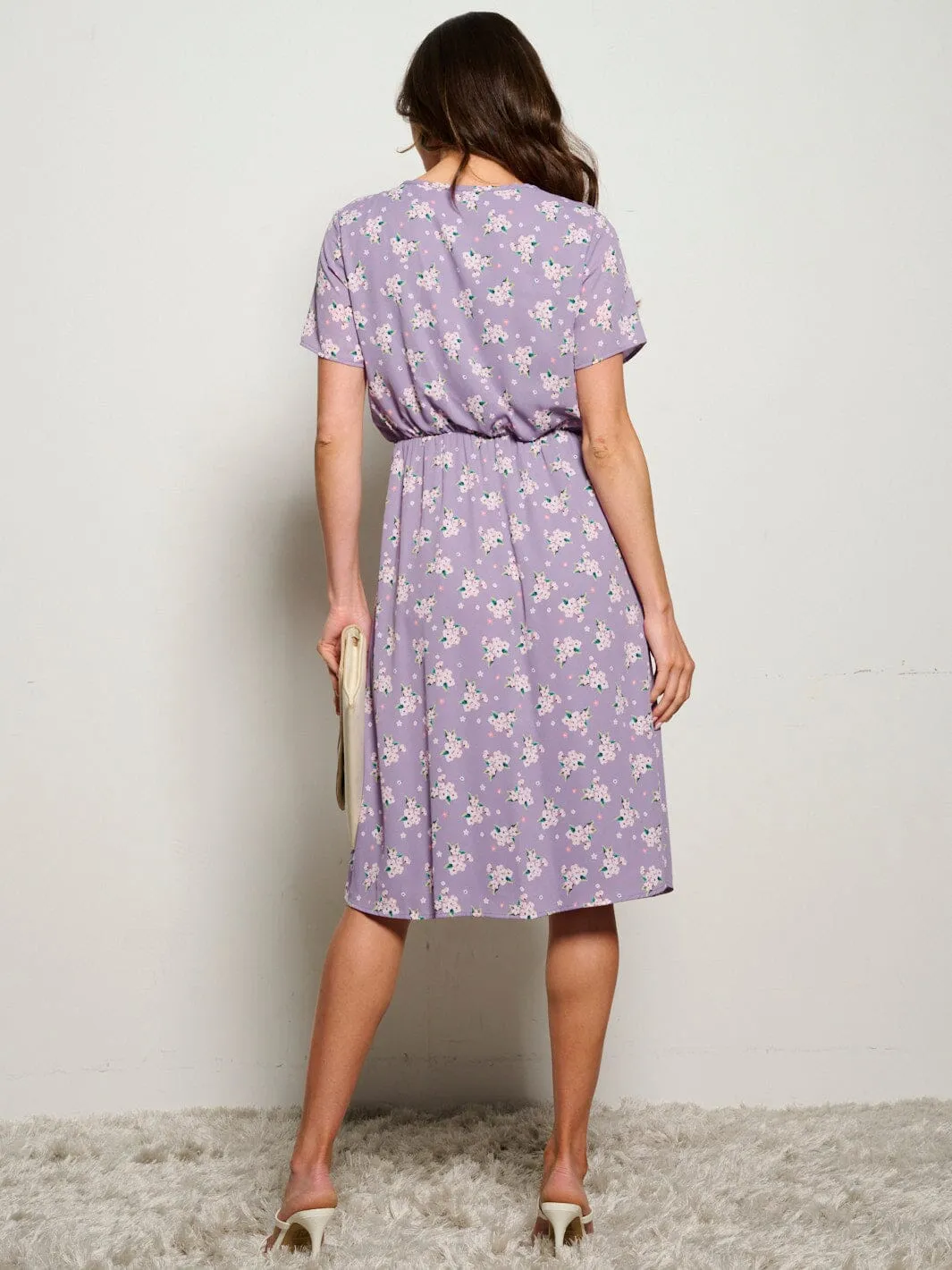 WOMEN'S SHORT SLEEVE V-NECK POCKETS ELASTIC WAIST FLORAL MIDI DRESS