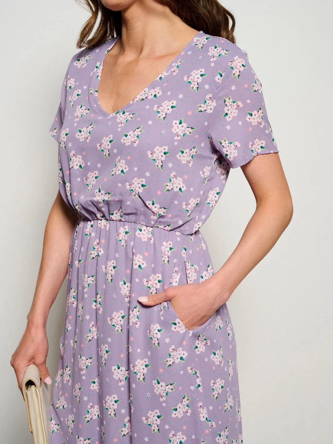 WOMEN'S SHORT SLEEVE V-NECK POCKETS ELASTIC WAIST FLORAL MIDI DRESS