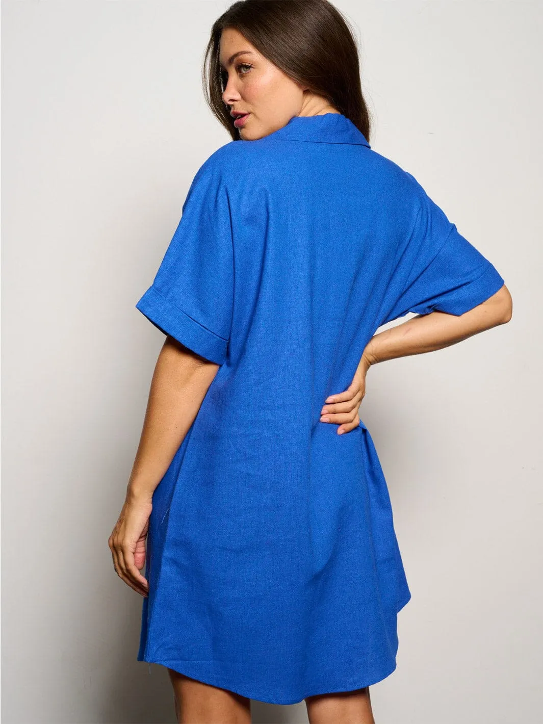 WOMEN'S SHORT SLEEVE V-NECK POCKETS TUNIC MINI DRESS