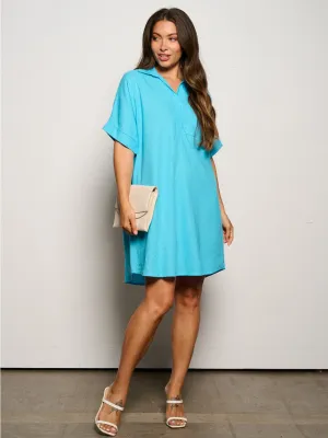 WOMEN'S SHORT SLEEVE V-NECK POCKETS TUNIC MINI DRESS