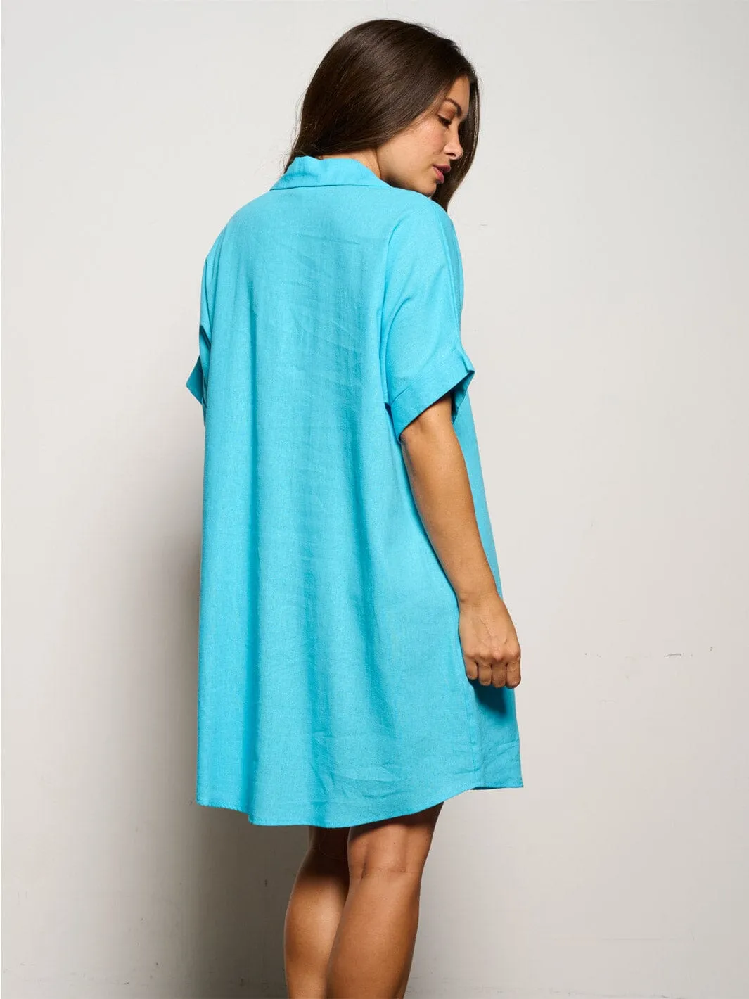 WOMEN'S SHORT SLEEVE V-NECK POCKETS TUNIC MINI DRESS
