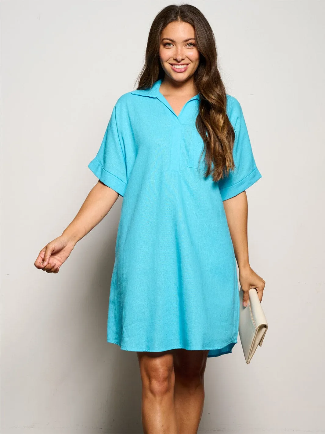 WOMEN'S SHORT SLEEVE V-NECK POCKETS TUNIC MINI DRESS