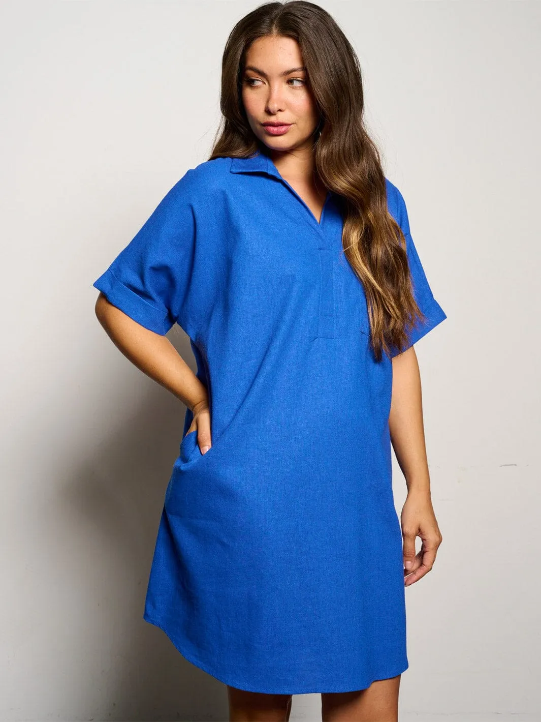 WOMEN'S SHORT SLEEVE V-NECK POCKETS TUNIC MINI DRESS