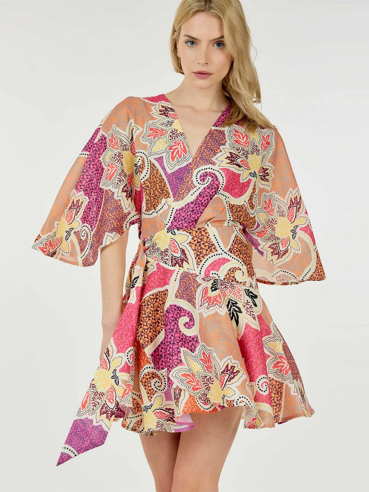 WOMEN'S SHORT SLEEVE WRAP MULTI PRINT MINI DRESS