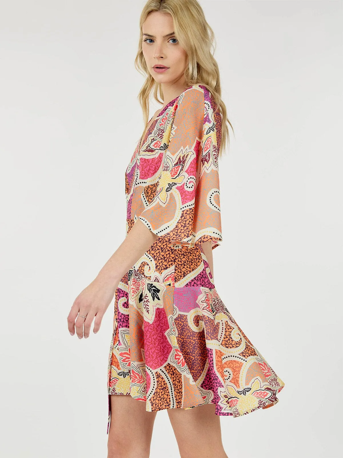 WOMEN'S SHORT SLEEVE WRAP MULTI PRINT MINI DRESS