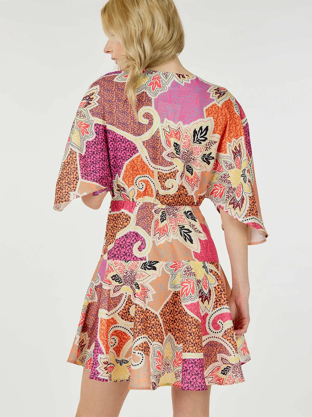 WOMEN'S SHORT SLEEVE WRAP MULTI PRINT MINI DRESS