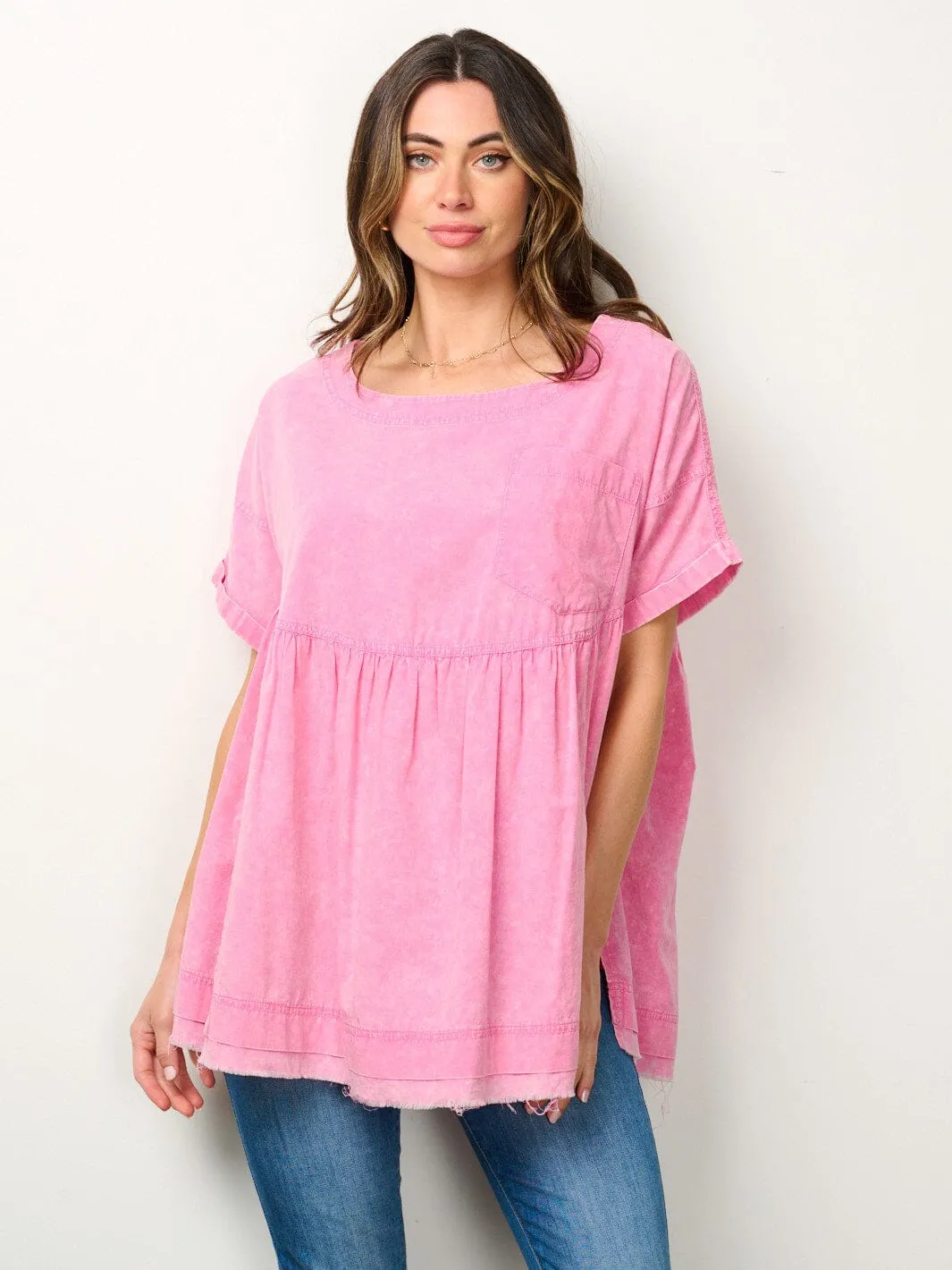 WOMEN'S SHORT SLEEVES RAW EDGE TUNIC WASHED TOP