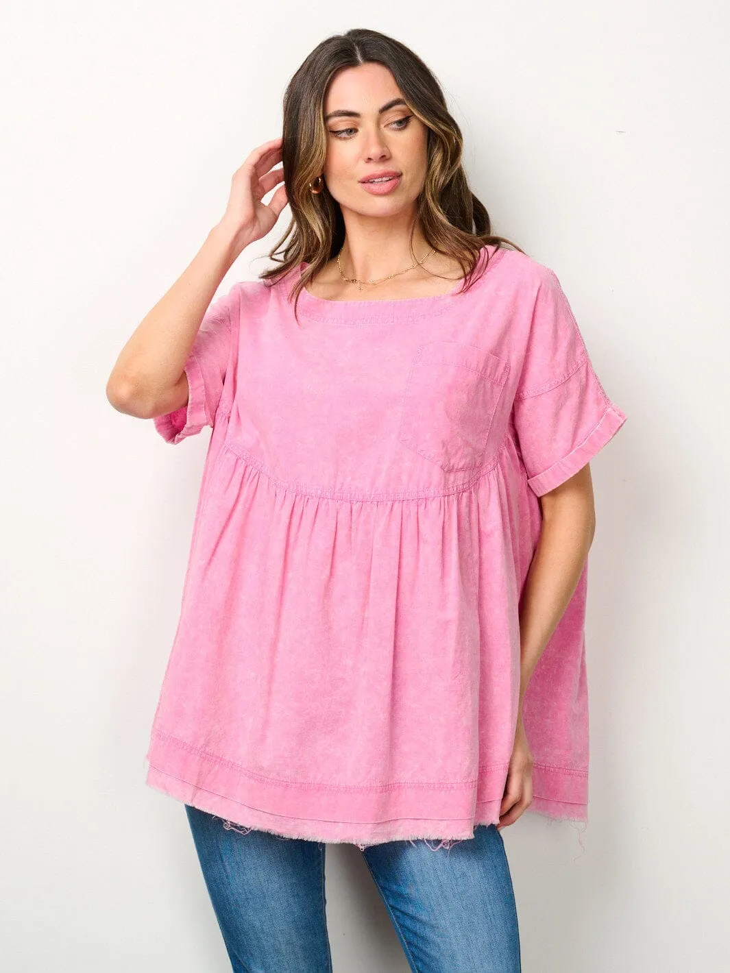 WOMEN'S SHORT SLEEVES RAW EDGE TUNIC WASHED TOP