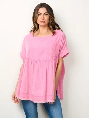 WOMEN'S SHORT SLEEVES RAW EDGE TUNIC WASHED TOP