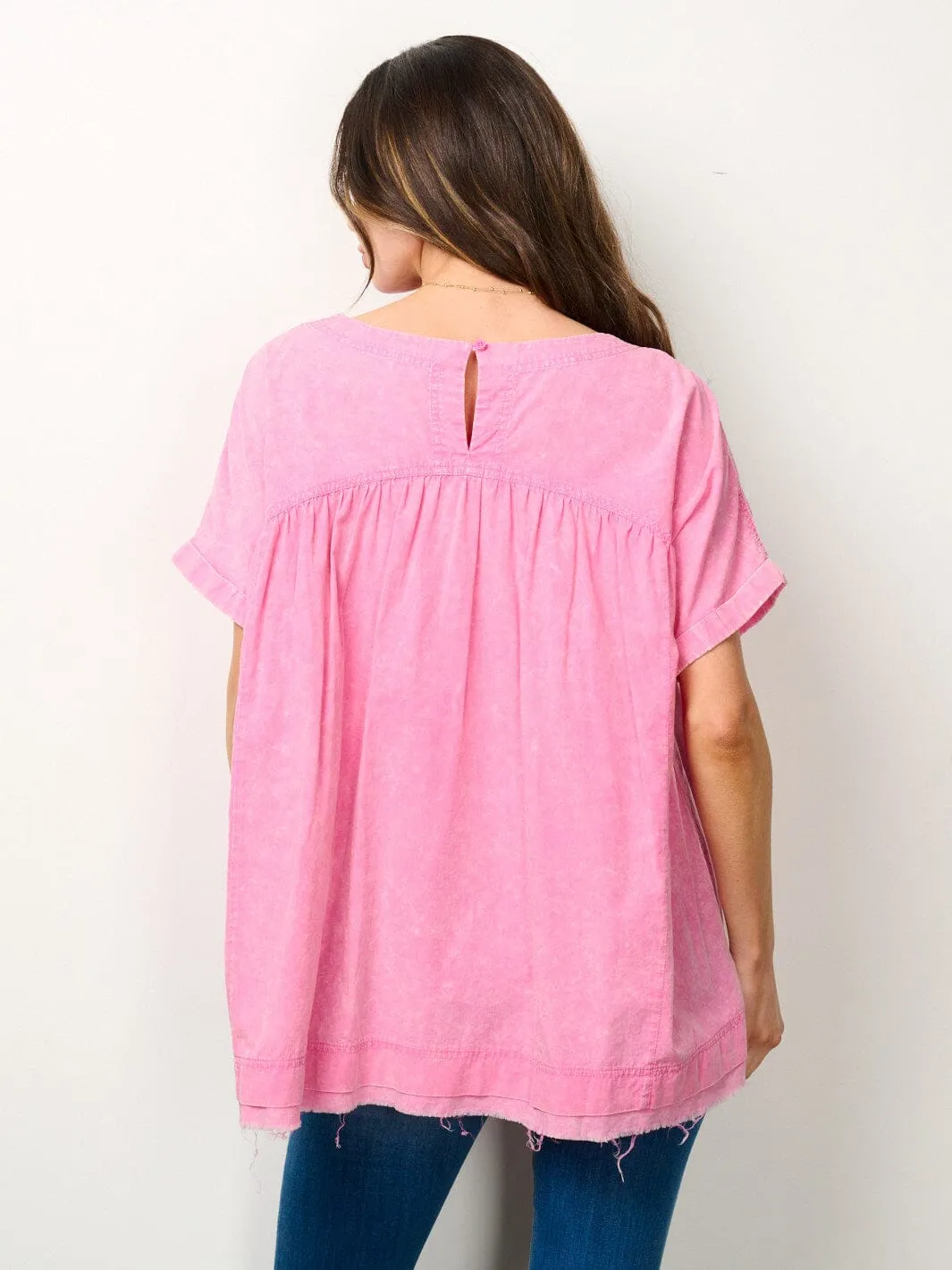 WOMEN'S SHORT SLEEVES RAW EDGE TUNIC WASHED TOP