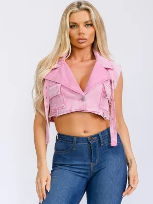 WOMEN'S SLEEVELESS BUTTON CLOSURE POCKETS WASHED DENIM CROP TOP