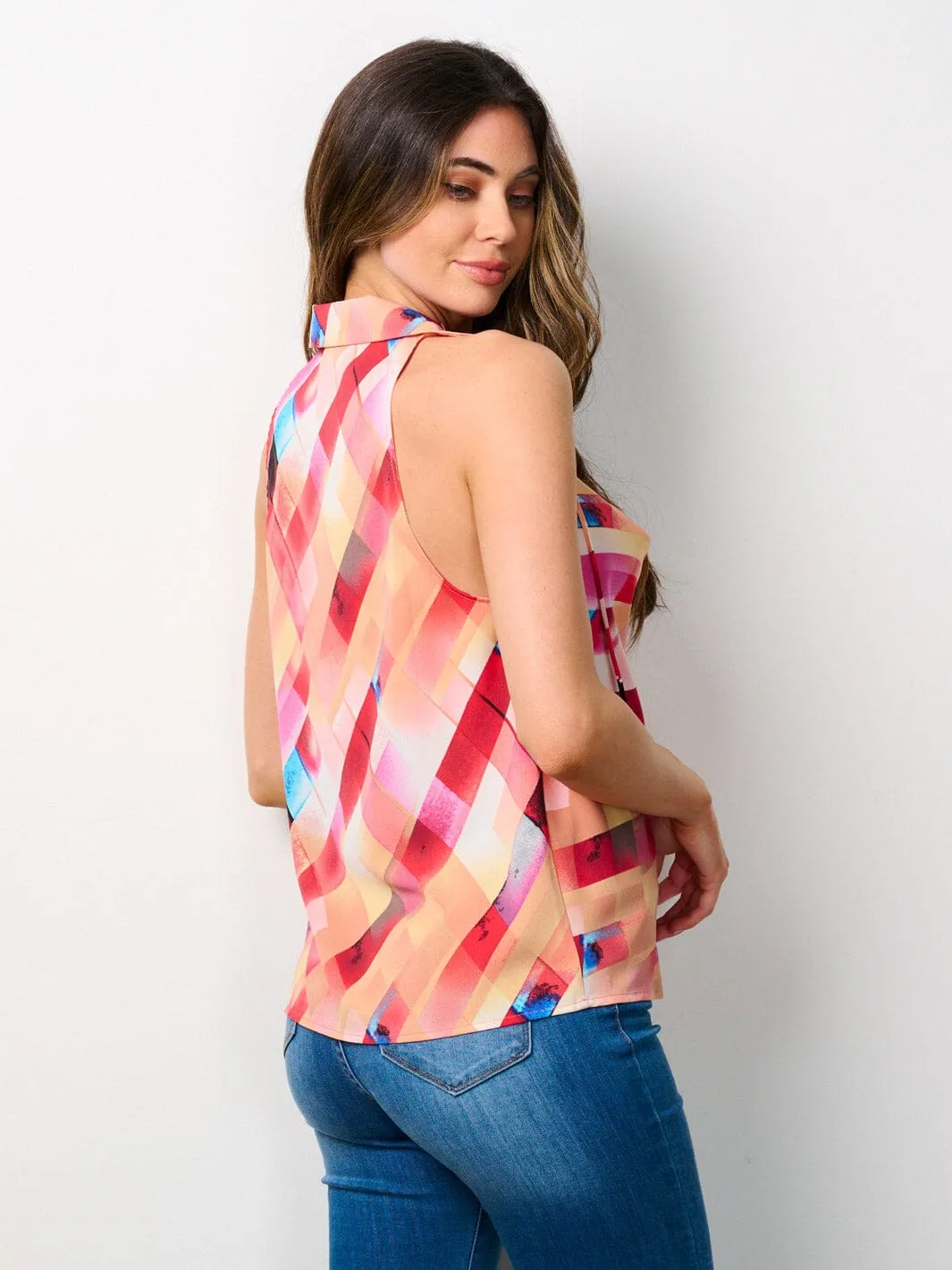 WOMEN'S SLEEVELESS COWL NECK MULTI PRINT TANK TOP