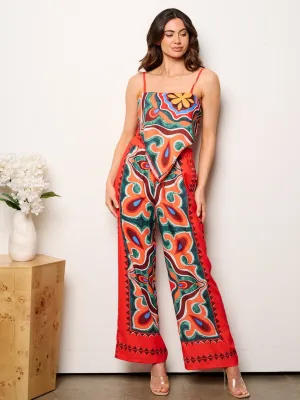 WOMEN'S SLEEVELESS CROP TOP & WIDE LEG PANTS MULTI PRINT 2PC.SET