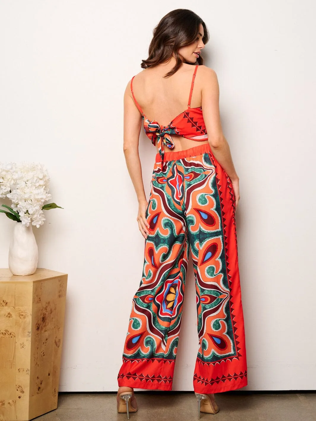 WOMEN'S SLEEVELESS CROP TOP & WIDE LEG PANTS MULTI PRINT 2PC.SET