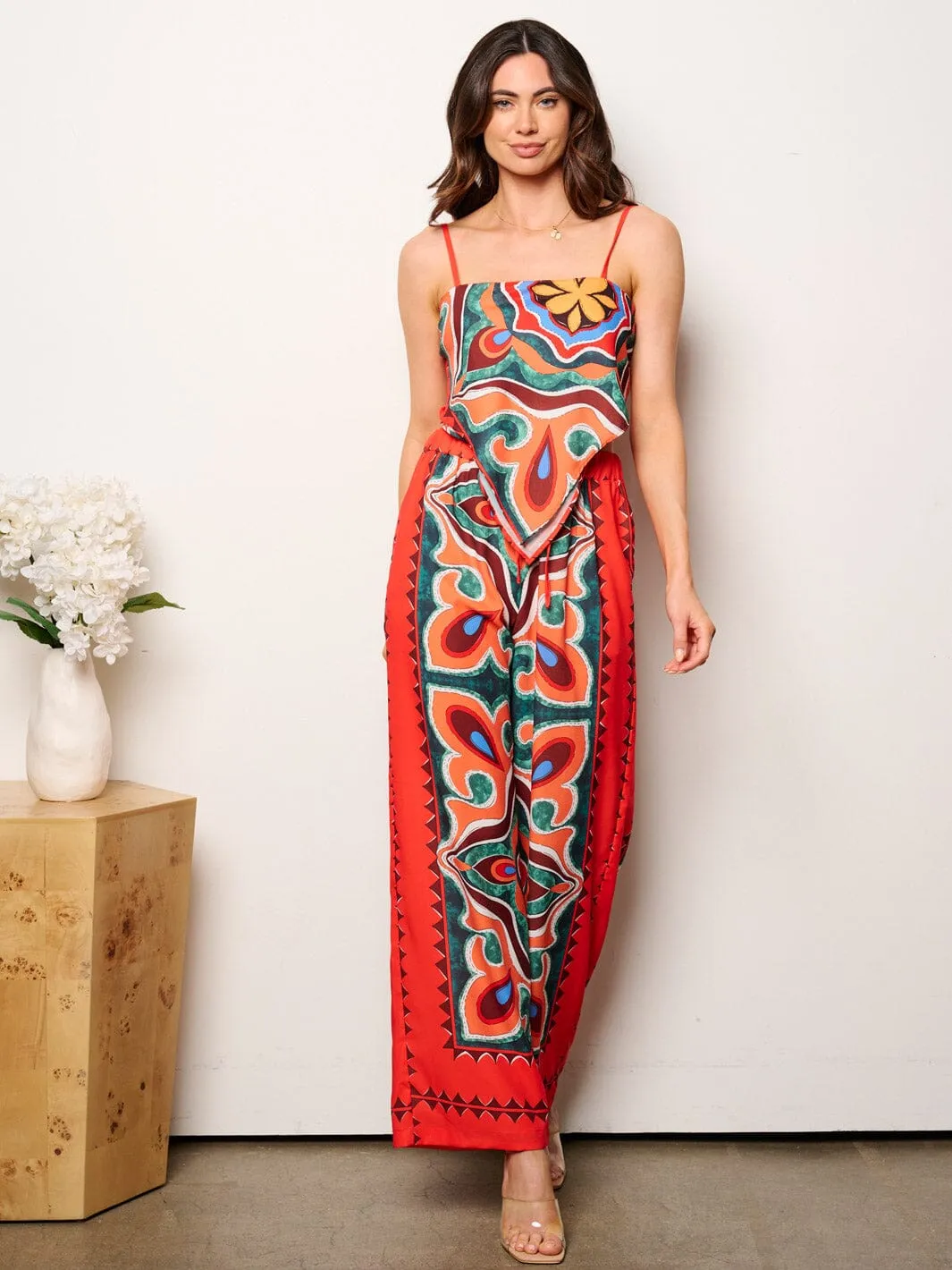 WOMEN'S SLEEVELESS CROP TOP & WIDE LEG PANTS MULTI PRINT 2PC.SET