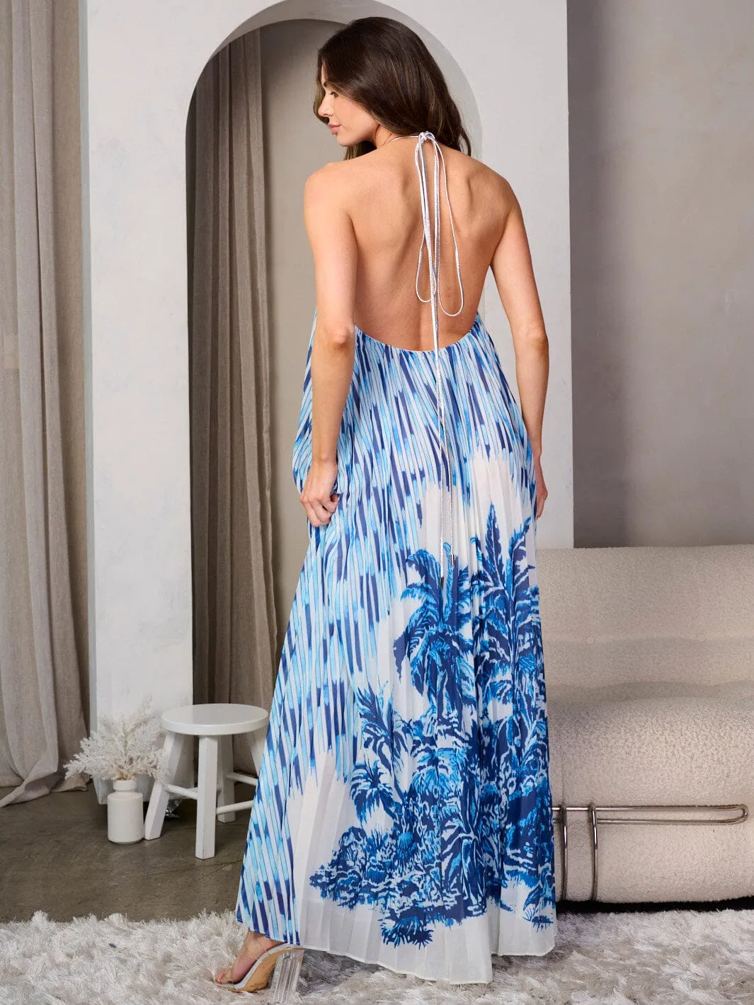 WOMEN'S SLEEVELESS HALTER NECK OPEN BACK MULTI PRINT MAXI DRESS
