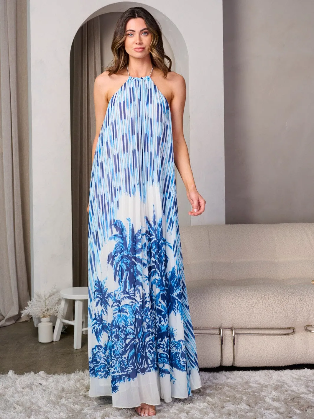 WOMEN'S SLEEVELESS HALTER NECK OPEN BACK MULTI PRINT MAXI DRESS