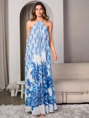 WOMEN'S SLEEVELESS HALTER NECK OPEN BACK MULTI PRINT MAXI DRESS