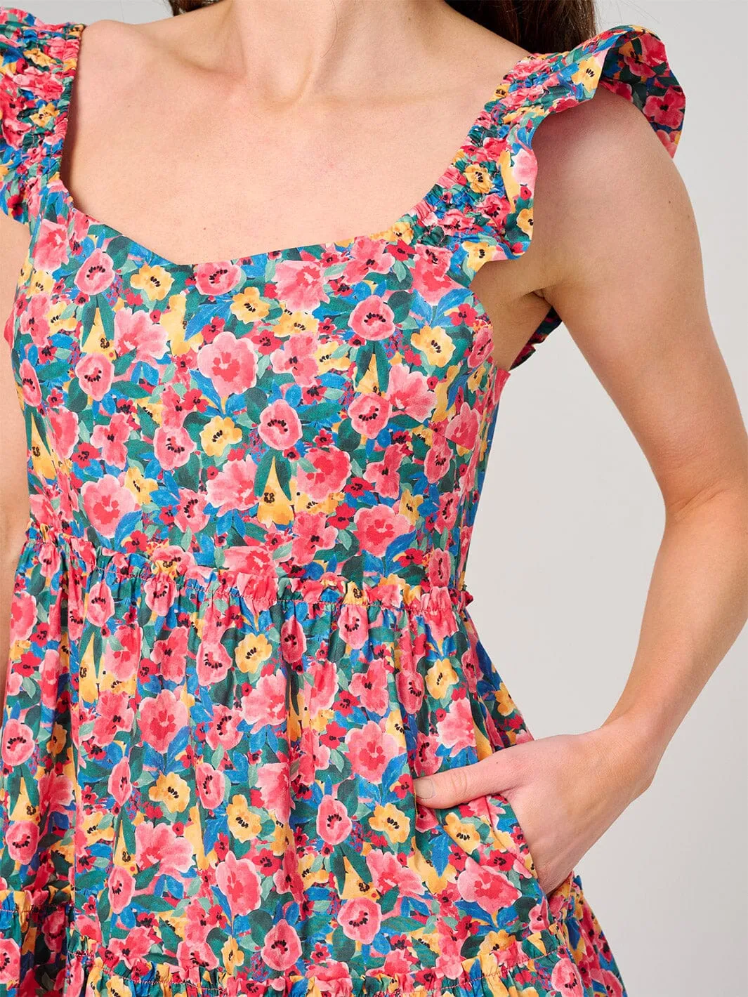 WOMEN'S SLEEVELESS SMOCK FRONT POCKETS FLORAL MINI DRESS