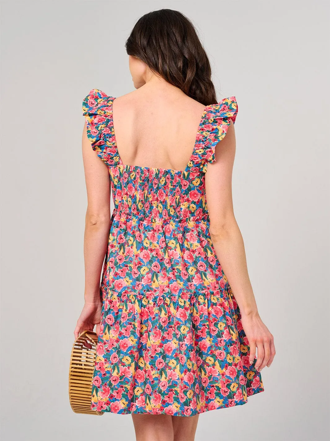 WOMEN'S SLEEVELESS SMOCK FRONT POCKETS FLORAL MINI DRESS