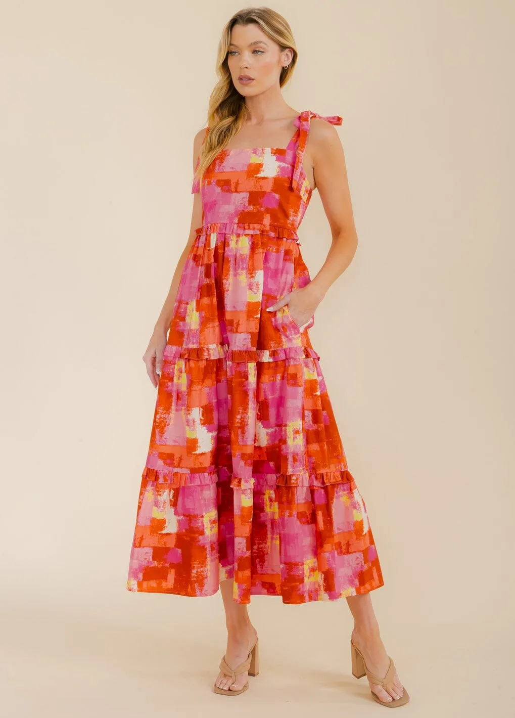 WOMEN'S SLEEVELESS SMOCK TIERED POCKETS MULTI PRINT MAXI DRESS