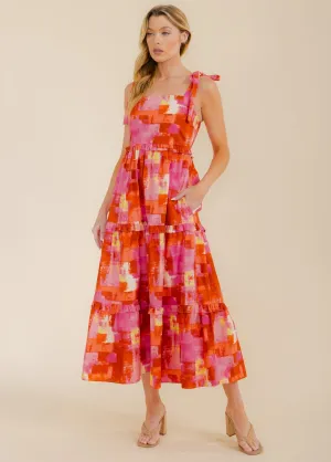 WOMEN'S SLEEVELESS SMOCK TIERED POCKETS MULTI PRINT MAXI DRESS