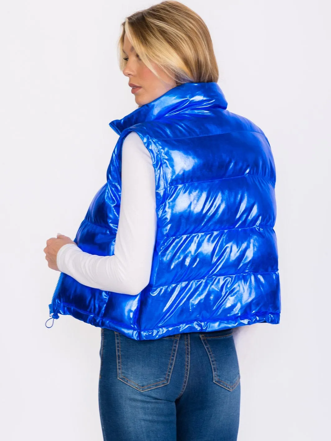 WOMEN'S SLEEVELESS ZIP UP FRONT POCKETS METALLIC PUFFER VEST