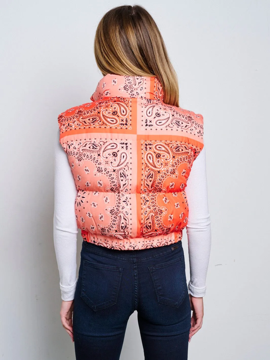 WOMEN'S SLEEVELESS ZIP UP FRONT POCKETS MULTI PRINT PUFFER VEST