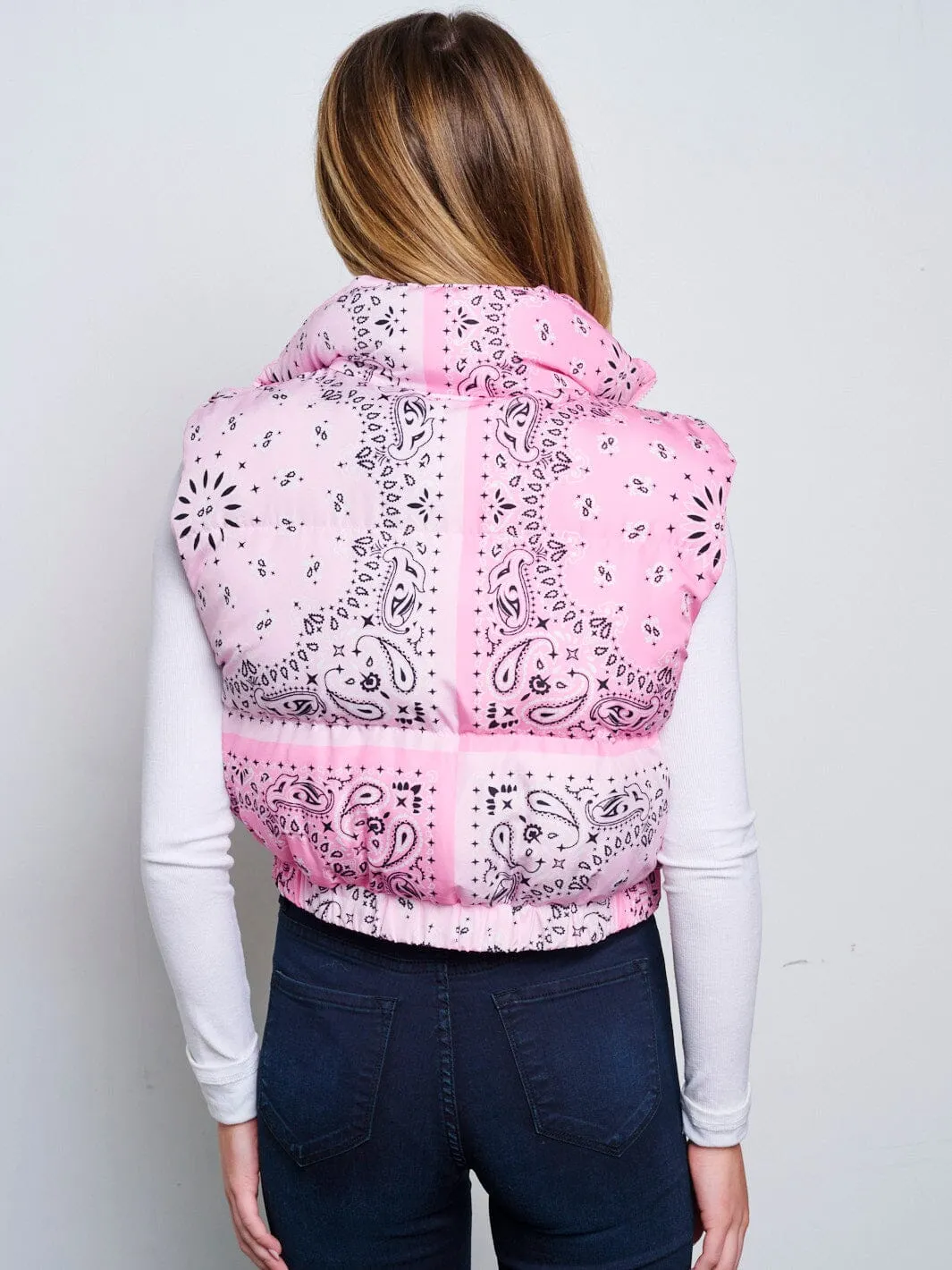 WOMEN'S SLEEVELESS ZIP UP FRONT POCKETS MULTI PRINT PUFFER VEST